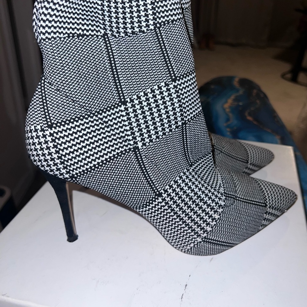 Black White Plaid Heel Boots